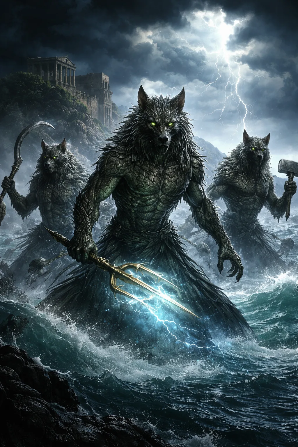 Telchines mythology – marine demon beings with tridents in a storm