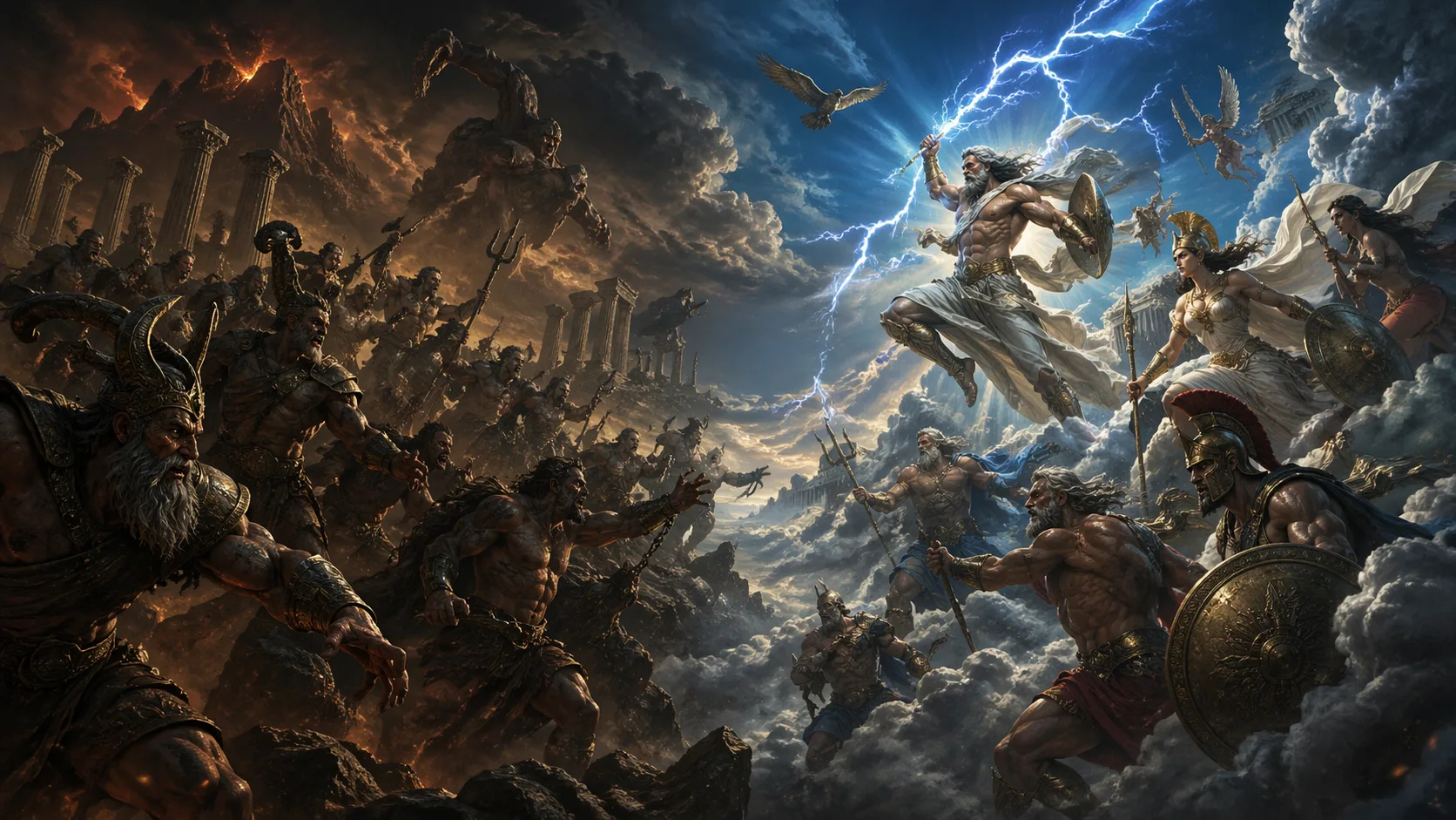 Epic battle of Titan fighting between the gods of Olympus and Titans in a mythical landscape
