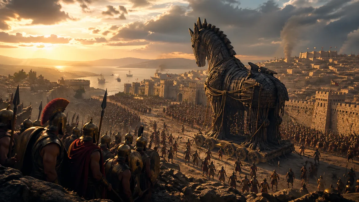 Epic scene of the Trojan War with the Trojan Horse in front of Troy in a film style