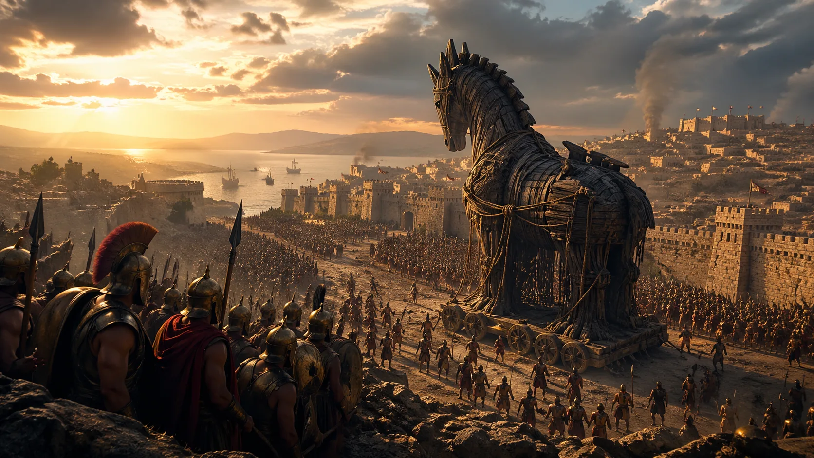 Epic scene of the Trojan War with the Trojan Horse in front of Troy in a film style