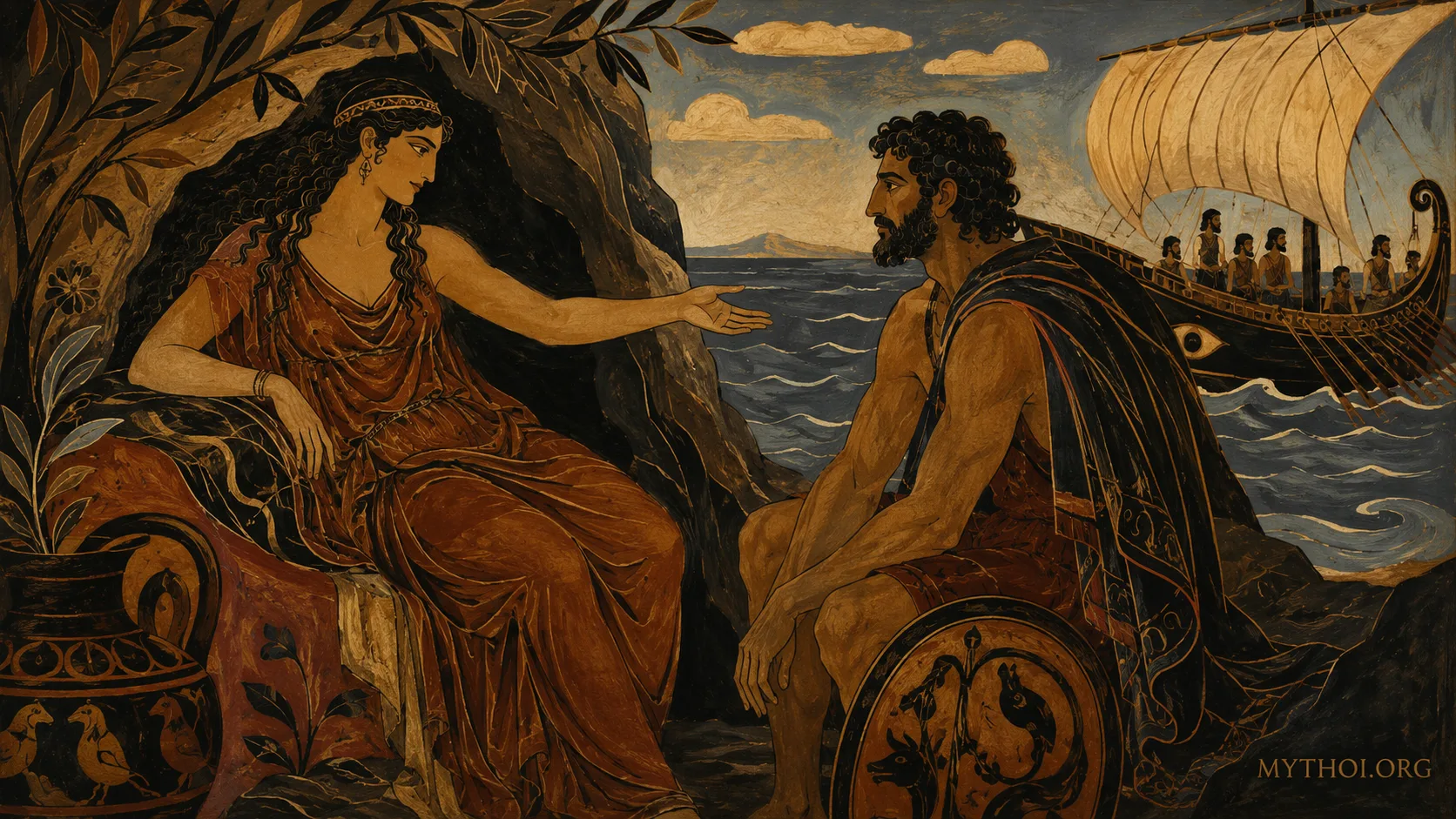 Calypso and Odysseus in a scene of Greek mythology, painted in a dark dramatic style inspired by Karavagios, next to the sea and ancient ship.