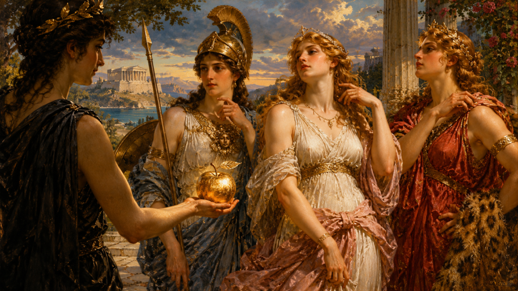 The Apple of Eris in a classic mythological style with the goddesses Hera, Athena and Venus around the golden apple.