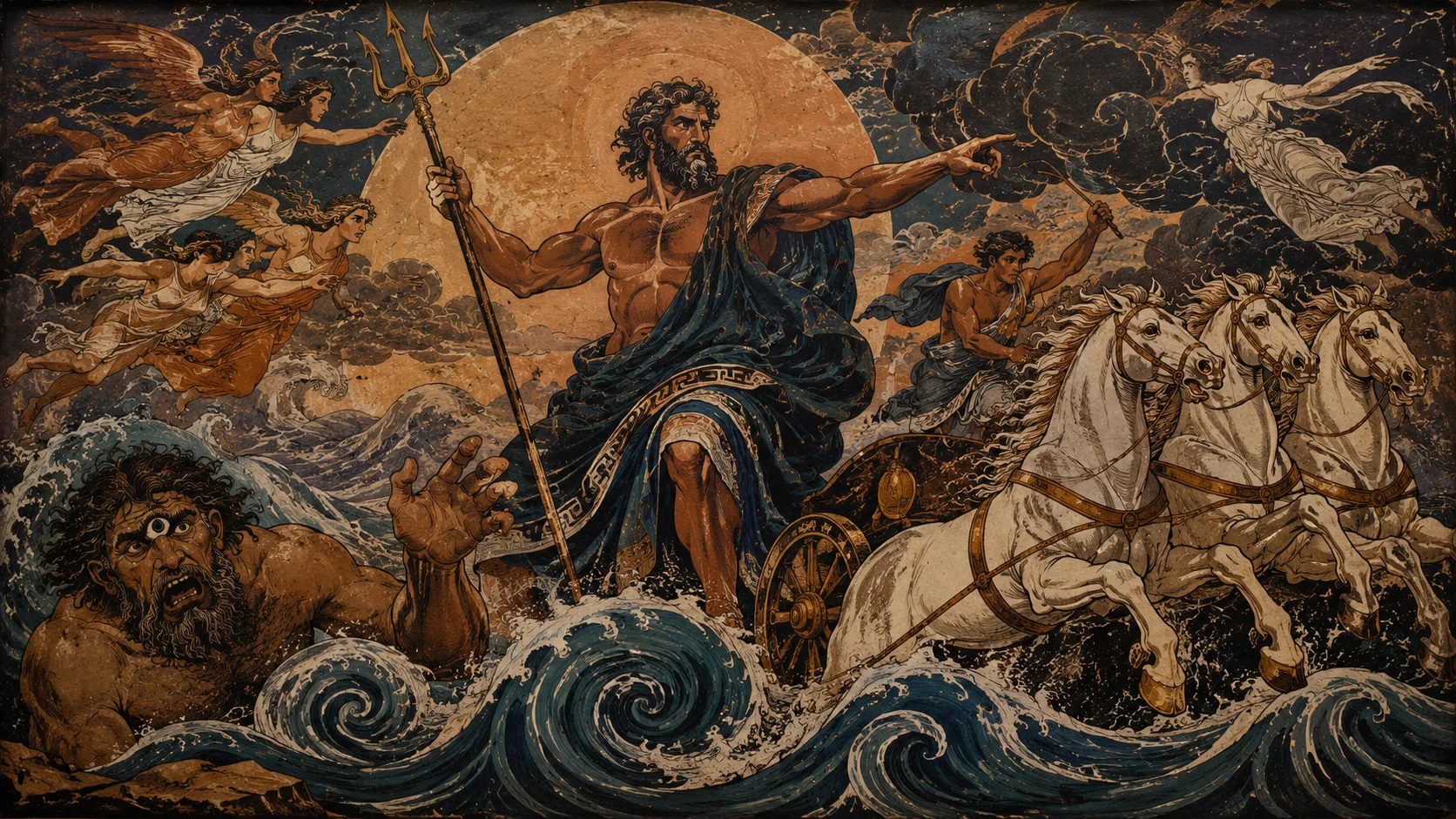 Poseidon with his trident among huge waves of the sea