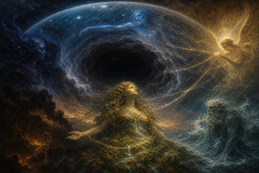 Greek Mythology Reading Series for Beginners | Best Books to Start 2 Mythical forms of elements around a dark cosmic vortex, with earth, water, fire, air and light
