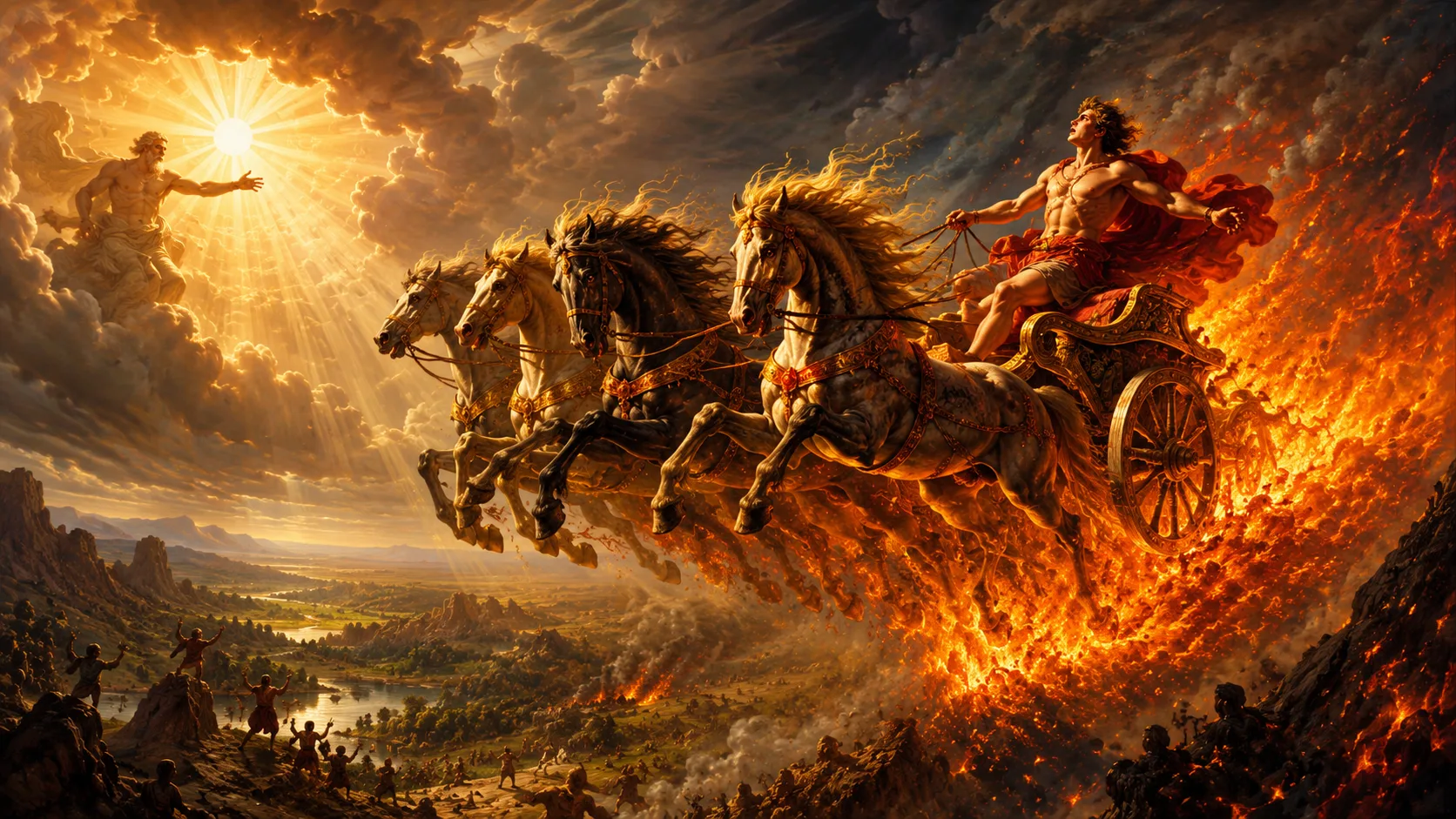 The Myth of Phaethon – The Tragic Journey of the Son of the Sun 1 In Greek mythology, Phaethon is driving the Sun’s chariot out of control just before he is struck by Zeus’s thunderbolt.