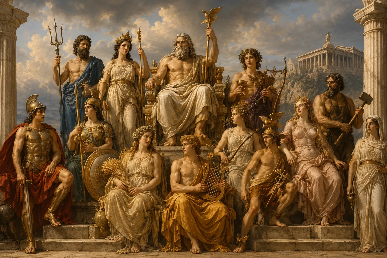 The Twelve Olympians Gods in ancient Greek artistic depiction symbolizing the worship of the Dodecanese in ancient Greece.