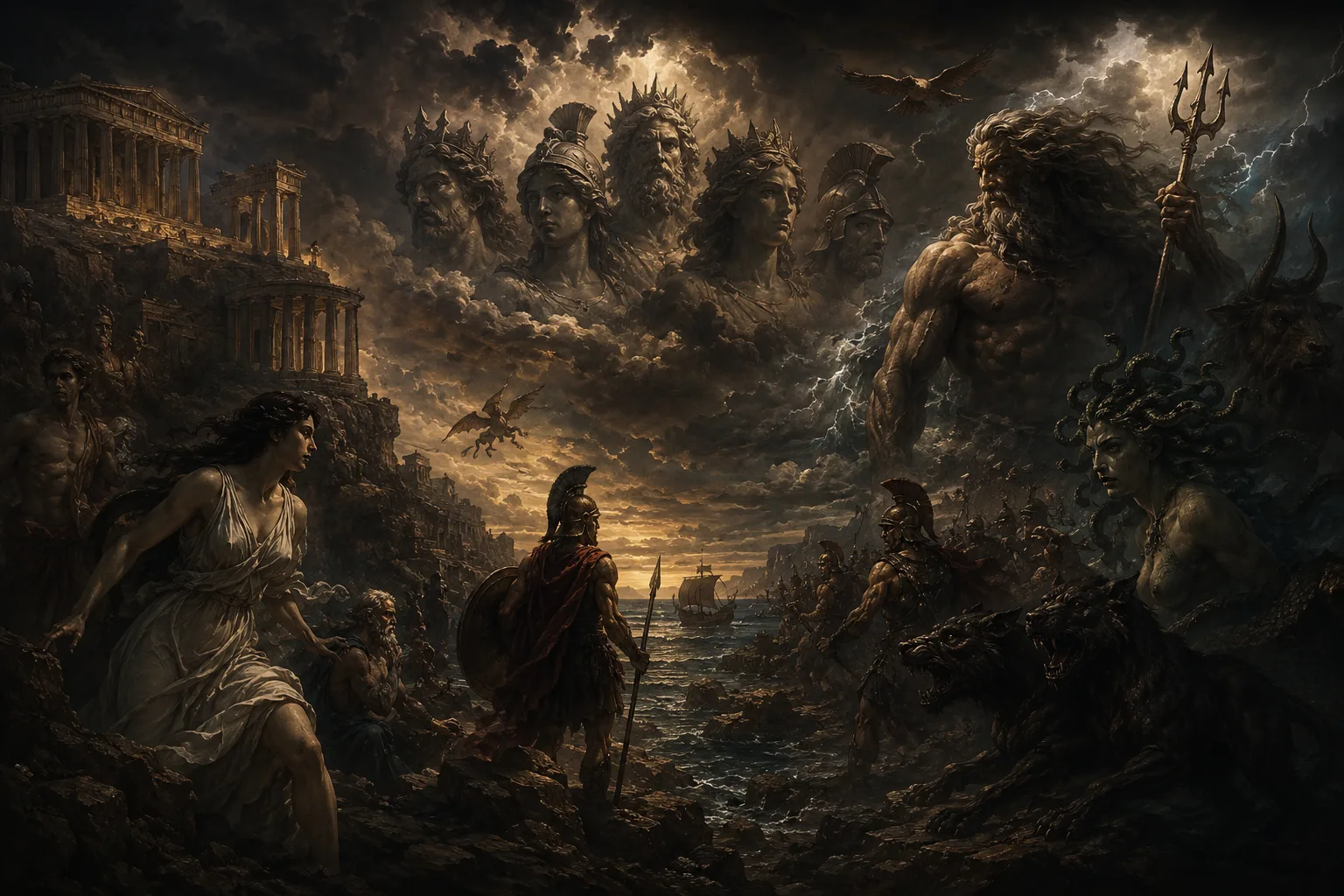 Greek Mythology Reading Series for Beginners | The Best Books to Start 1 Epic scene of Greek mythology with Olympian gods, heroes and mythical creatures symbolizing the series of reading Greek mythology for beginners.