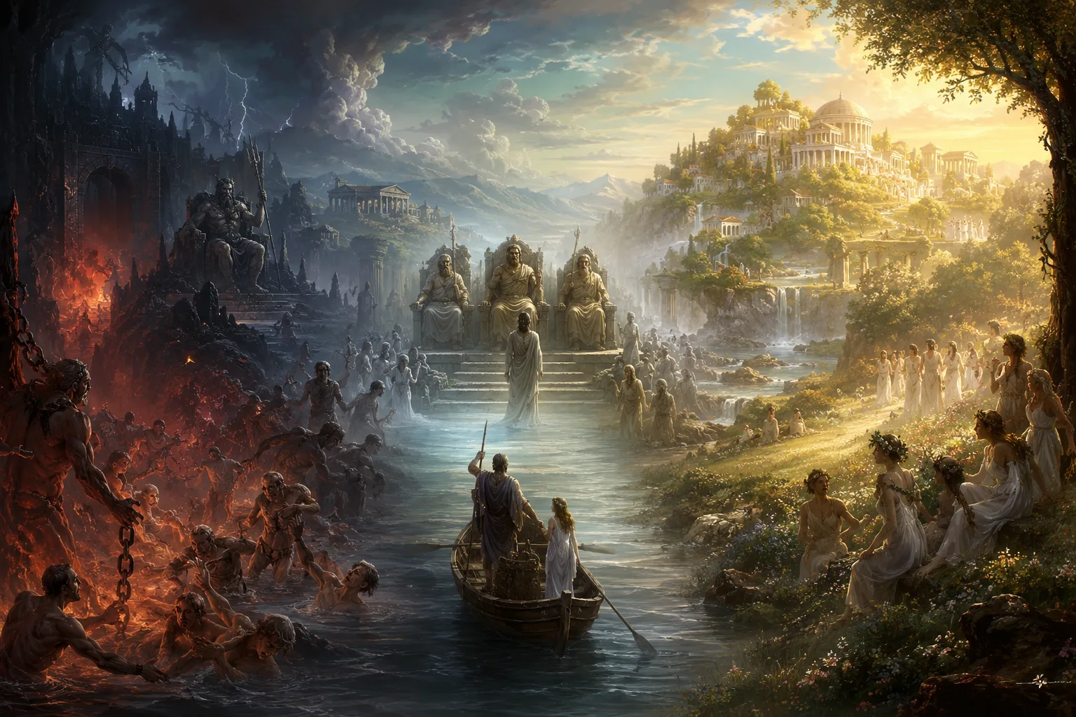 After life in Greek mythology with Hades, Elysium Field and Tartarus.