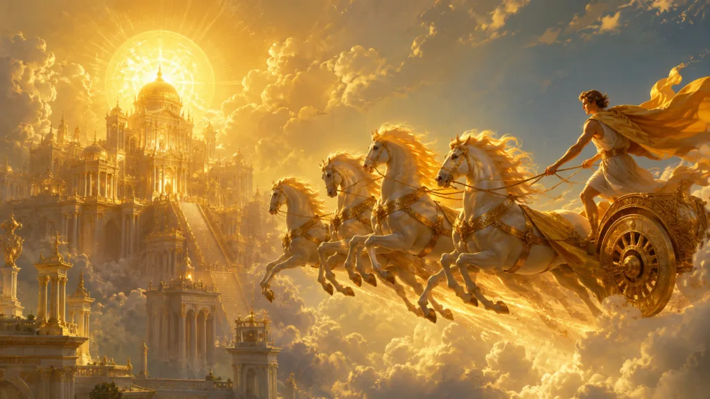 The Fethon Myth – The tragic course of the son of the Sun 2 Ο Φαέθων μπροστά στο χρυσό παλάτι του θεού Ήλιου, έτοιμος να οδηγήσει το ηλιακό άρμα στον ουρανό σύμφωνα με την ελληνική μυθολογία.
