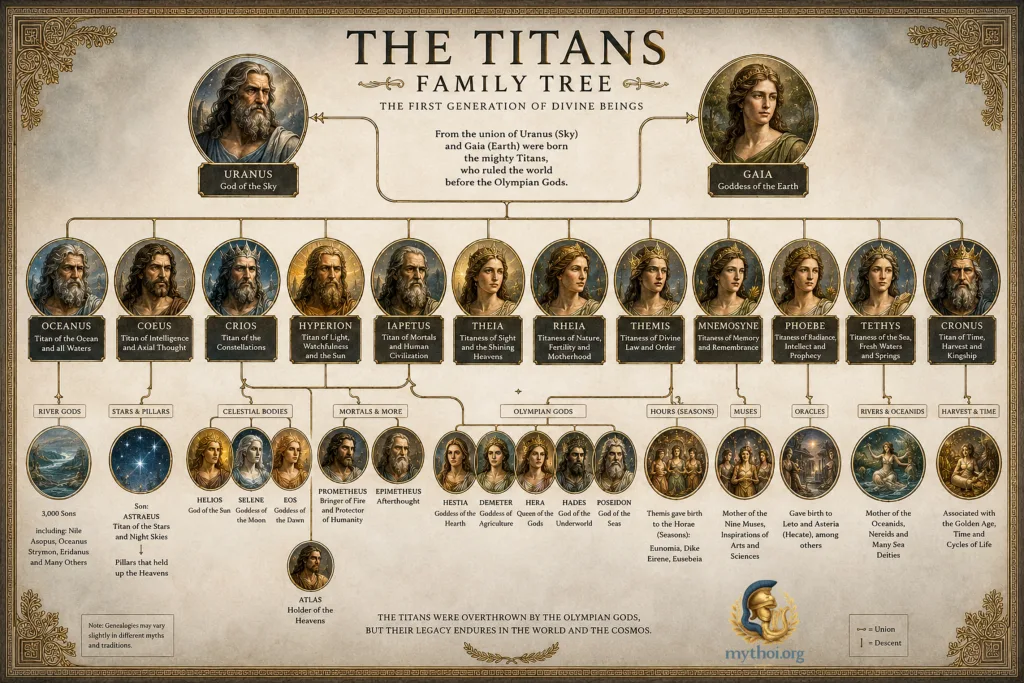 Titan Family Tree: The complete genealogy of the first gods of Greek mythology (Free interactive PDF) 2 A genealogical tree of the Titans of Greek mythology with Saturn, Rea, Ocean, Hyperion, Iapetus and their descendants.