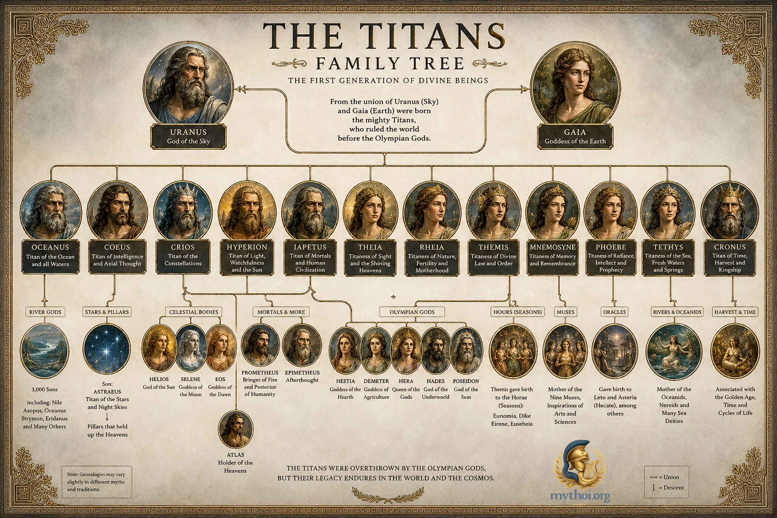 Titan Family Tree: The full genealogy of the first gods of Greek mythology (Free interactive PDF) 1 A genealogical tree of the Titans of Greek mythology with Saturn, Rea, Ocean, Hyperion, Iapetus and their descendants.