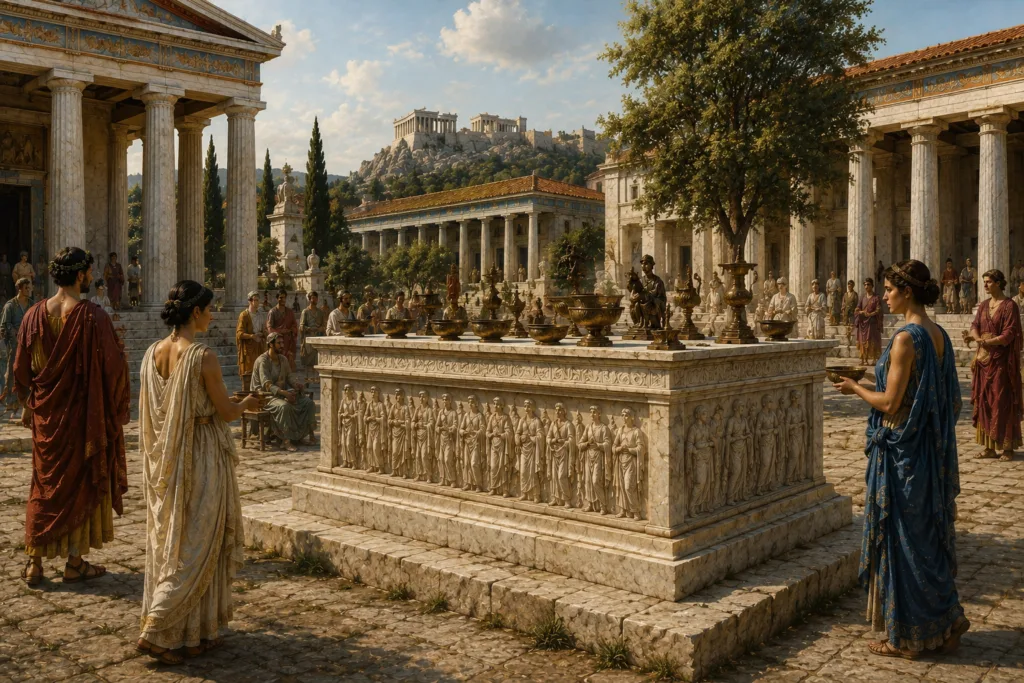 Καλλιτεχνική αναπαράσταση του Βωμού των Δώδεκα Θεών στην Αθηναϊκή Αγορά, σημαντικού λατρευτικού και δημόσιου μνημείου της αρχαίας Αθήνας.